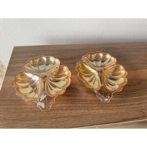 Vtg 1930s  Jeannette Marigold Carnival Glass Set Of 2 Clover Candy Relish Dish